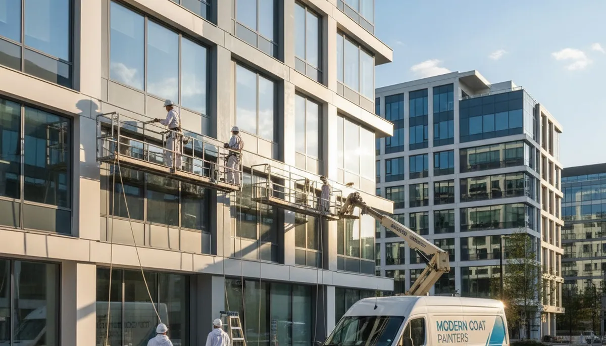 Professional commercial painters working on office building exterior in Philadelphia, PA