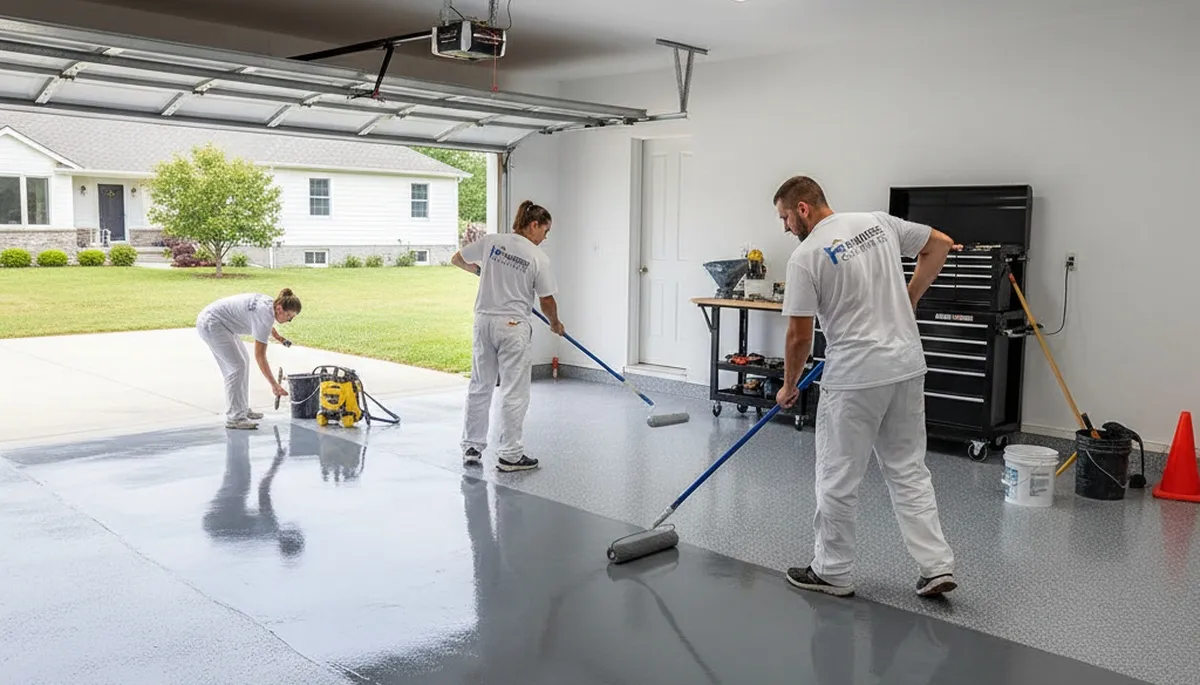 Epoxy garage floor coating in Philadelphia PA applied by professional house painters for durable finish
