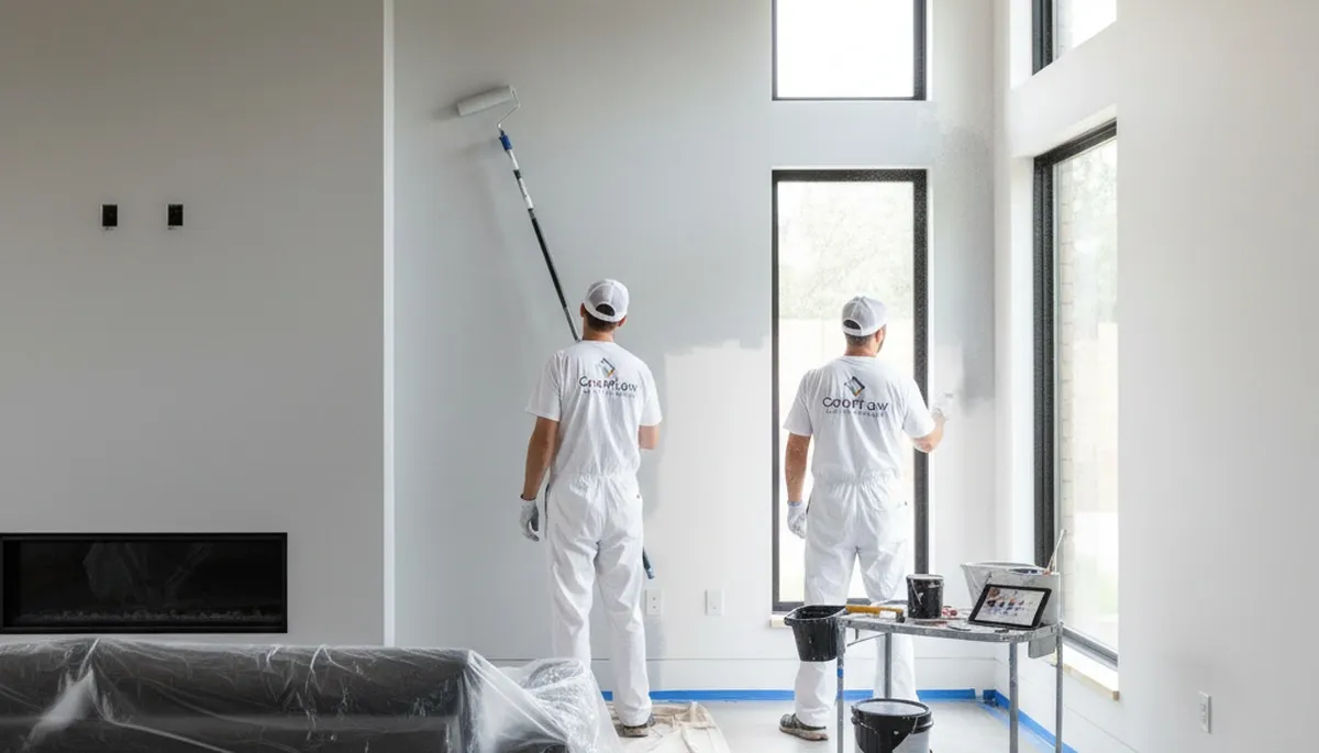 Professional interior painters finishing historic Philadelphia PA living room walls with smooth color finish